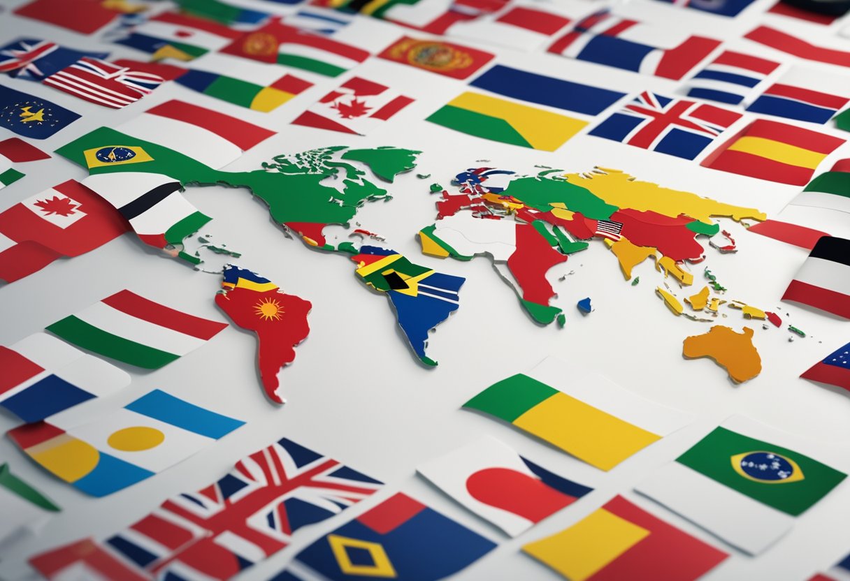 A world map surrounded by a variety of international flags, with a spotlight shining on a stack of scholarship application forms