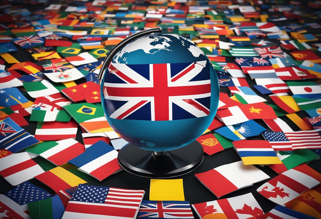 A globe surrounded by various flags, with a key unlocking opportunities and a book titled "Frequently Asked Questions Unlocking Global Opportunities"