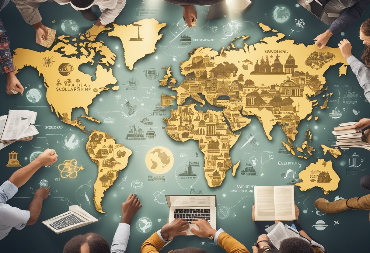 A world map surrounded by diverse symbols representing different fields of study, with a spotlight on scholarship opportunities